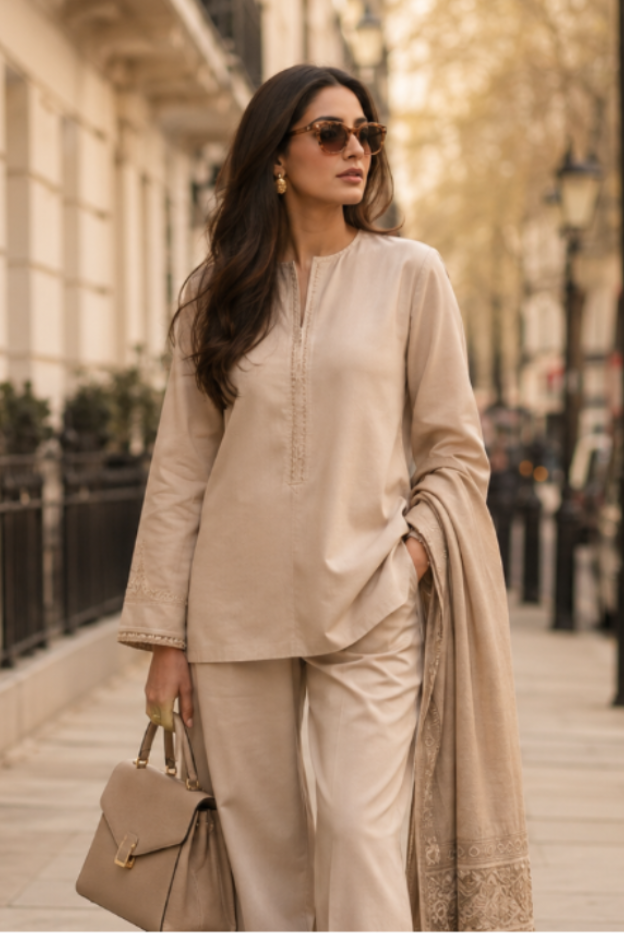 Woman in a beige outfit walking on a city street